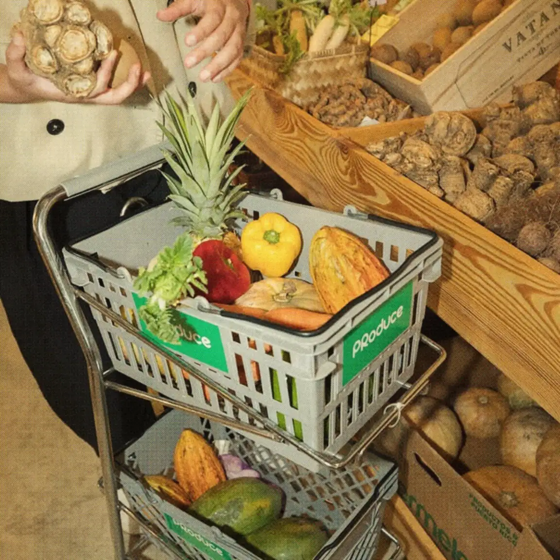 Manos con setas sobre el carrito de PRoduce lleno de frutas.